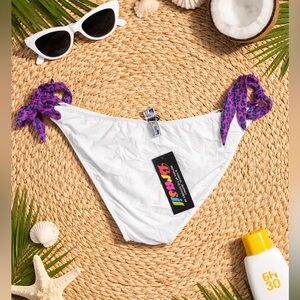 DESPI White Purple Tie Side Bikini Bottoms Large NWT Animal Print Swimwear